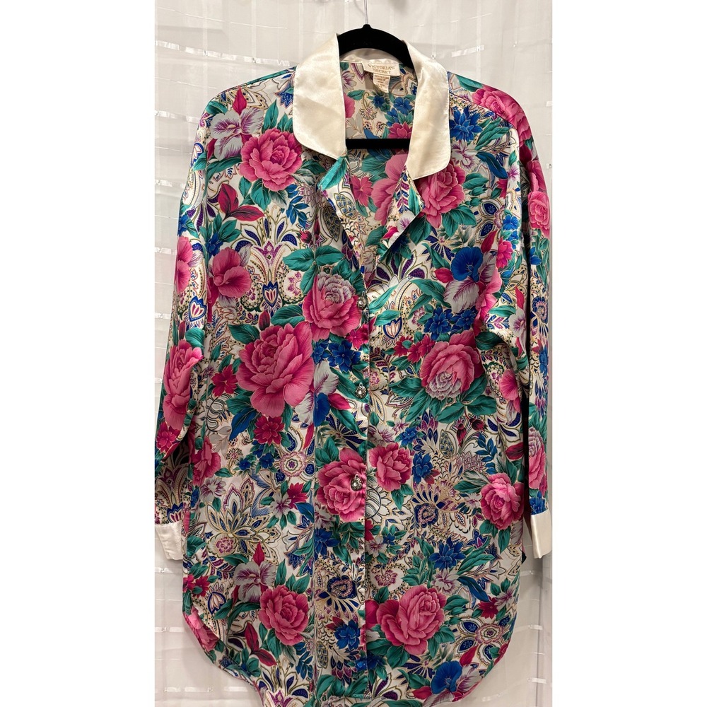 Vintage Victorias Secret Gold Label Floral Paisley Satin Sleep Shirt ML PinkTeal